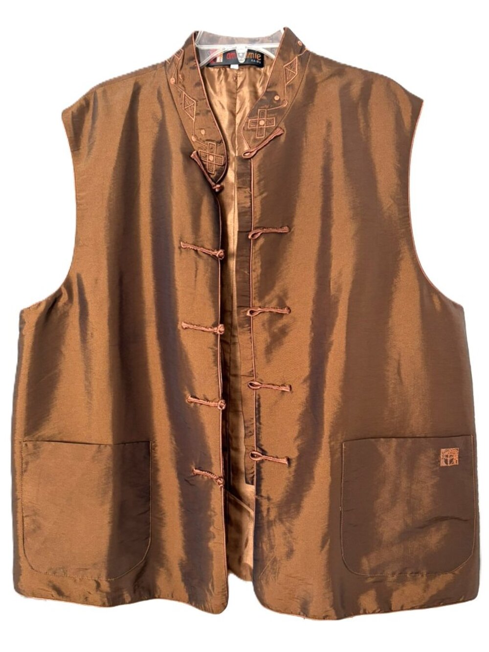 Copper Bronze Chinese Style Satin Vest Mandarin Collar Size 2X